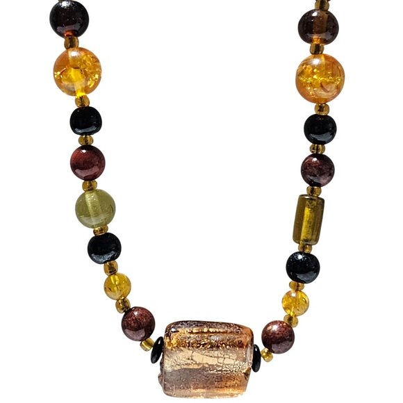 Retro Glass Beaded Necklace Amber Black Brown Square Pendant Boho Jewelry Women - Picture 1 of 6